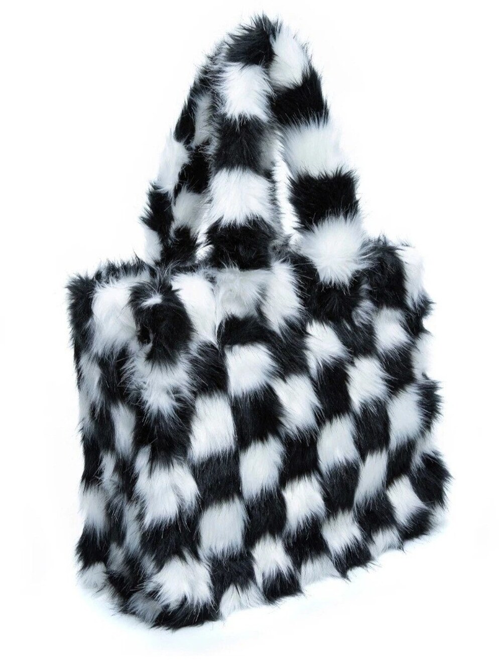 MacKenzie-Childs Fab Fur Check Tote Bag Black White Checkered Faux Fur 16x13x6.5